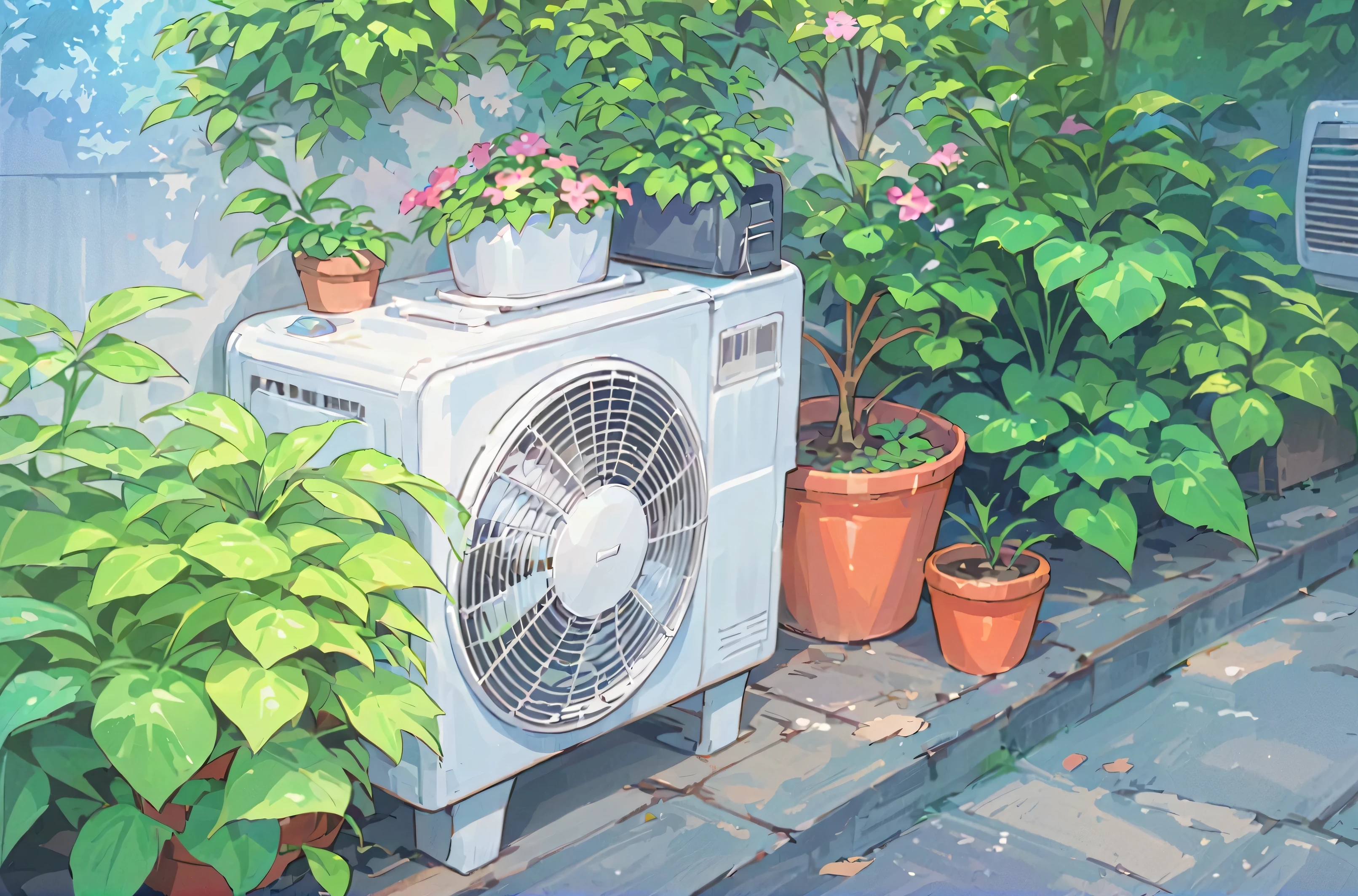 There is a fan sitting next to a plant on the side of the building, commend artstyle, commend art, Lo-Fi illustration style, commend aesthetic, commend vibes, lo-fi art, Anime background art, Air conditioner, commend colors, Relaxation concept art, commend, Anime aesthetics, by Lee Jeon Suk, 9 0 s Anime aesthetics