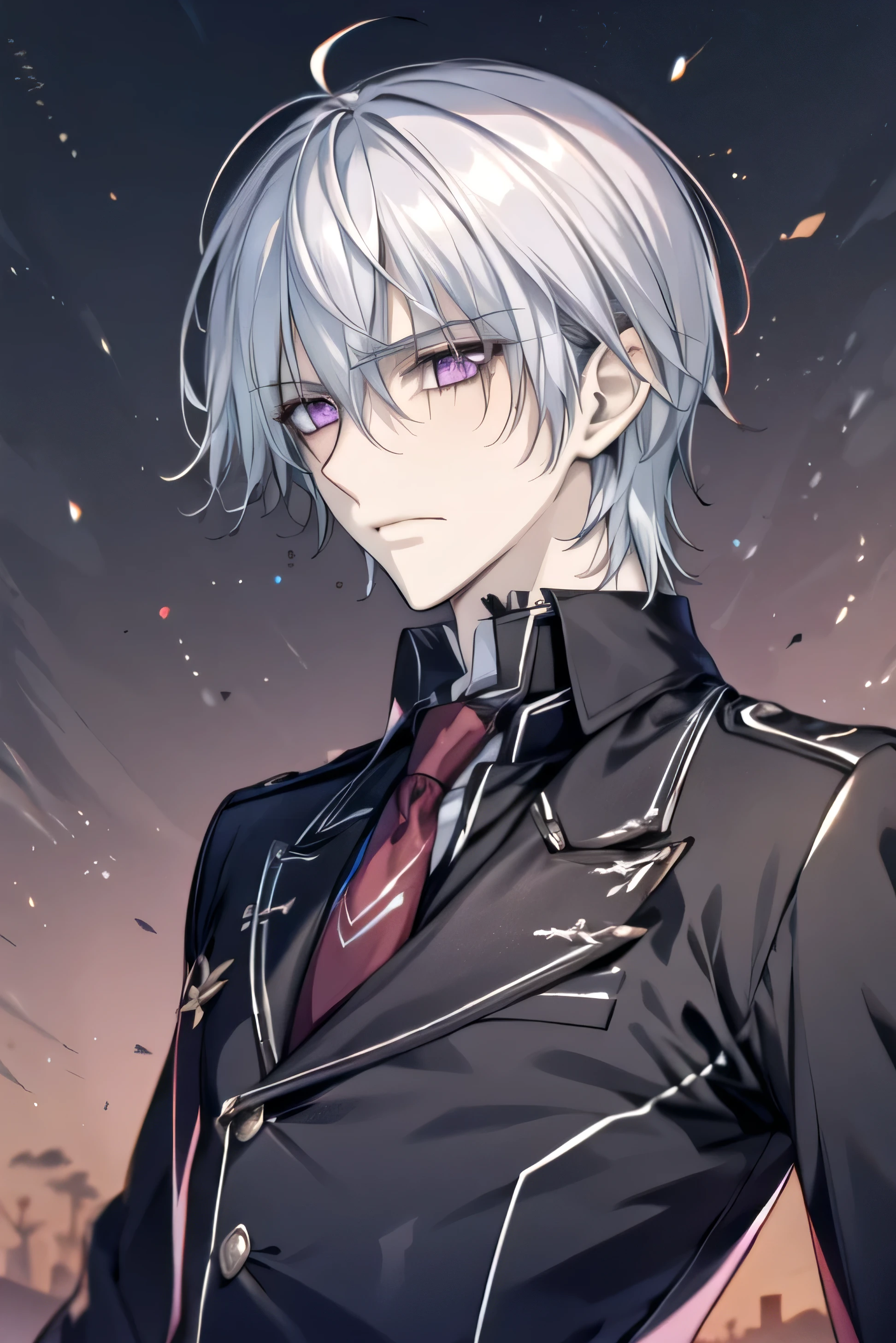 (absurdres, highres, ultra detailed, HDR), masterpiece, best quality, Zero Kiryuu, 1man, solo, handsome, (short silver hair), vibrant purple eyes, finely eye and detailed face, solid black background, black uniform, vampire knight, (arms behind back), solid crimson background, (portrait), 
