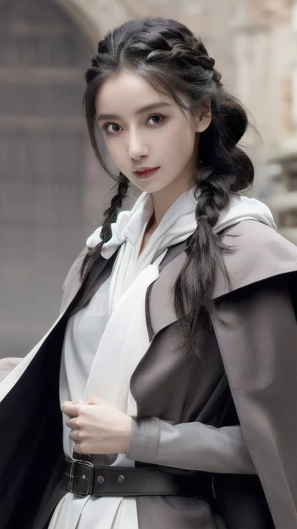 one woman、Rin々new appearance、A dignified expression、cold look、medieval monk、pure white battle uniform、bionde、french braid、have a sword、white cloak、Sword Art Online、(masterpiece, highest quality, highest quality, official art, beautiful and aesthetic:1.2)