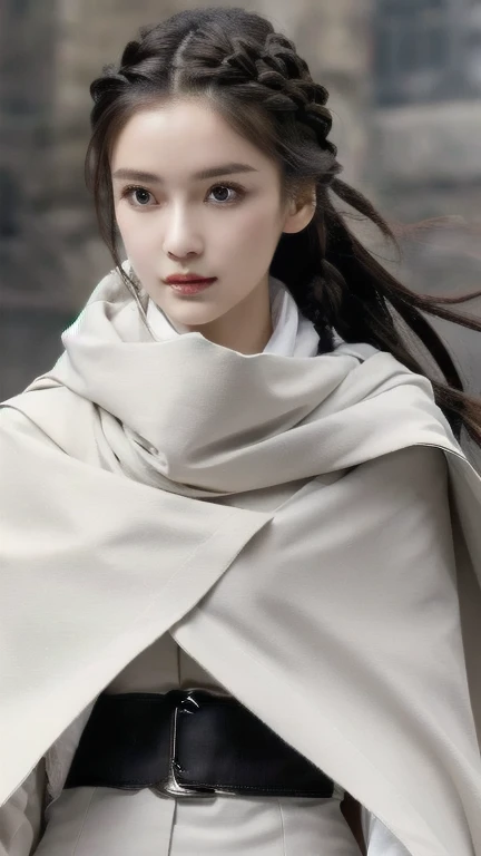 one woman、Rin々new appearance、A dignified expression、cold look、medieval monk、pure white battle uniform、bionde、french braid、have a sword、white cloak、Sword Art Online、(masterpiece, highest quality, highest quality, official art, beautiful and aesthetic:1.2)