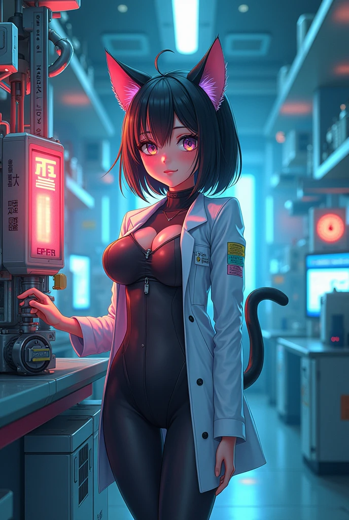 Anime scientist catgirl in latex leggings
