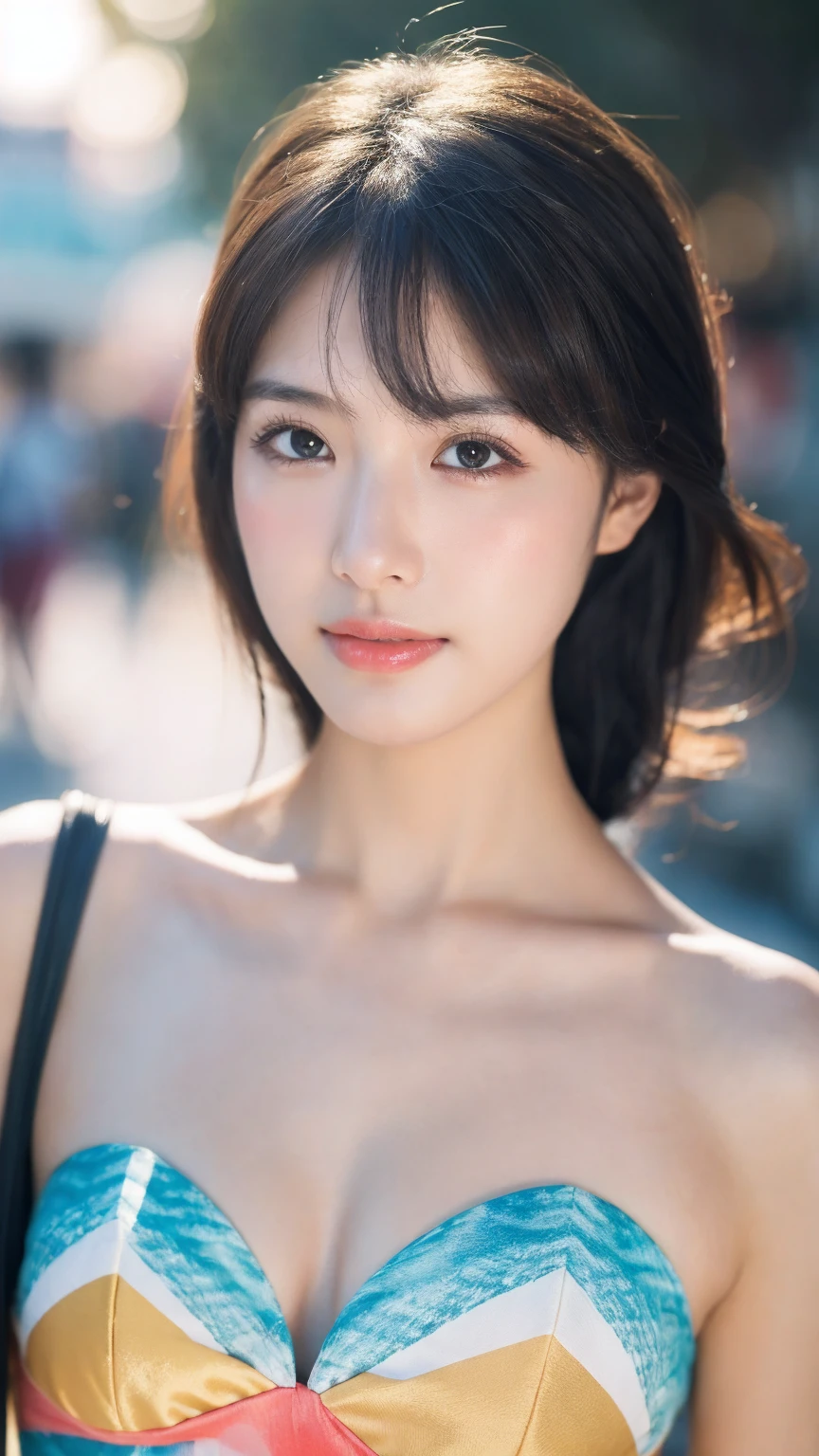((Best quality, 8k, masterpiece:1.3)),1girl,1,Asian,Real texture:1.3,(Background blur:1.1),Dress,Tall and slender figure:1.2,(Hot summer weather),(street:1.3),Highly detailed face and skin textures,Exquisite eyes,Long eyelashes,Double eyelids,Skin Whitening,happy,Various lenses,Beautiful breasts