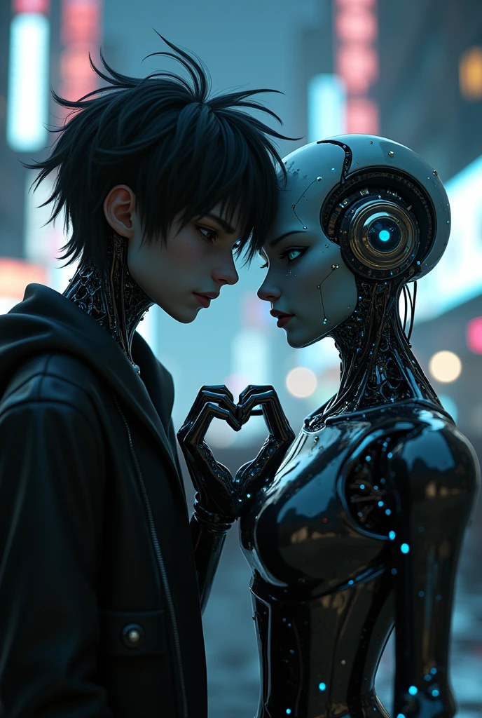 An emo guy making the heart sign with his partner who is a robot