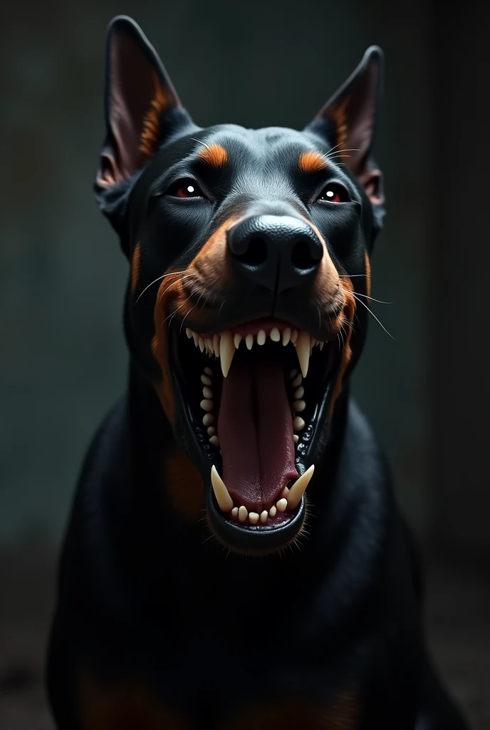 Doberman, mouth is wide open, sharp teeth, brutal, achssymmetrical, roaring, symmetrical, evil and brutal, Evil look