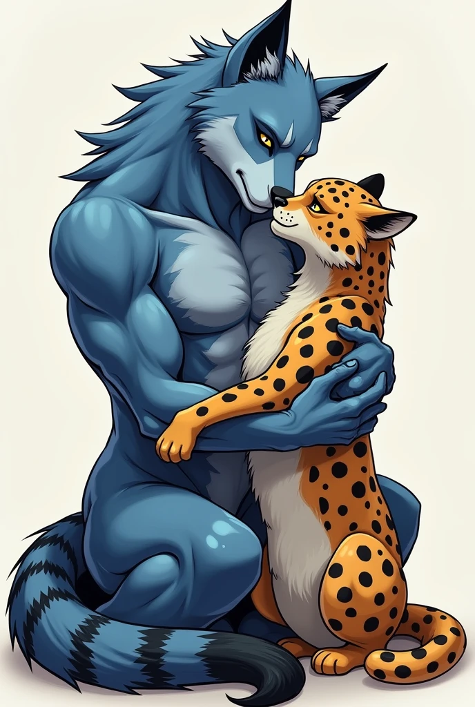 Anthropomorphic blue wolf beautiful body black and yellow eyes, gay, naked, furson,Black stripes on the body, black hands and feet, embarrassed, You can see the penis, kissing an anthropomorphic gentle leopard, Drawn style