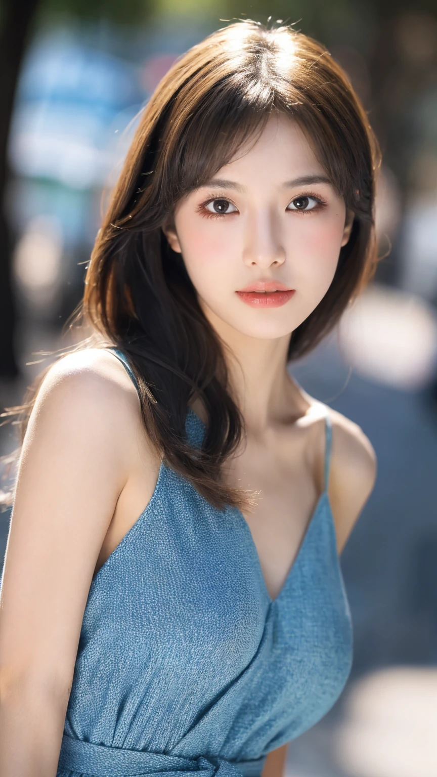 ((Best quality, 8k, masterpiece:1.3)),1girl,1,Asian,Real texture:1.3,(Background blur:1.1),Dress,Tall and slender figure:1.2,(Hot summer weather),(street:1.3),Highly detailed face and skin textures,Exquisite eyes,Long eyelashes,Double eyelids,Skin Whitening,happy,Various lenses,Beautiful breasts