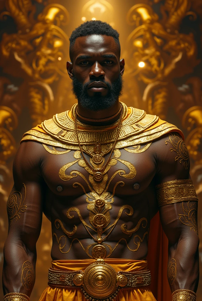 a black man with gold details on his skin. your skin is painted with golden spirals. a king


