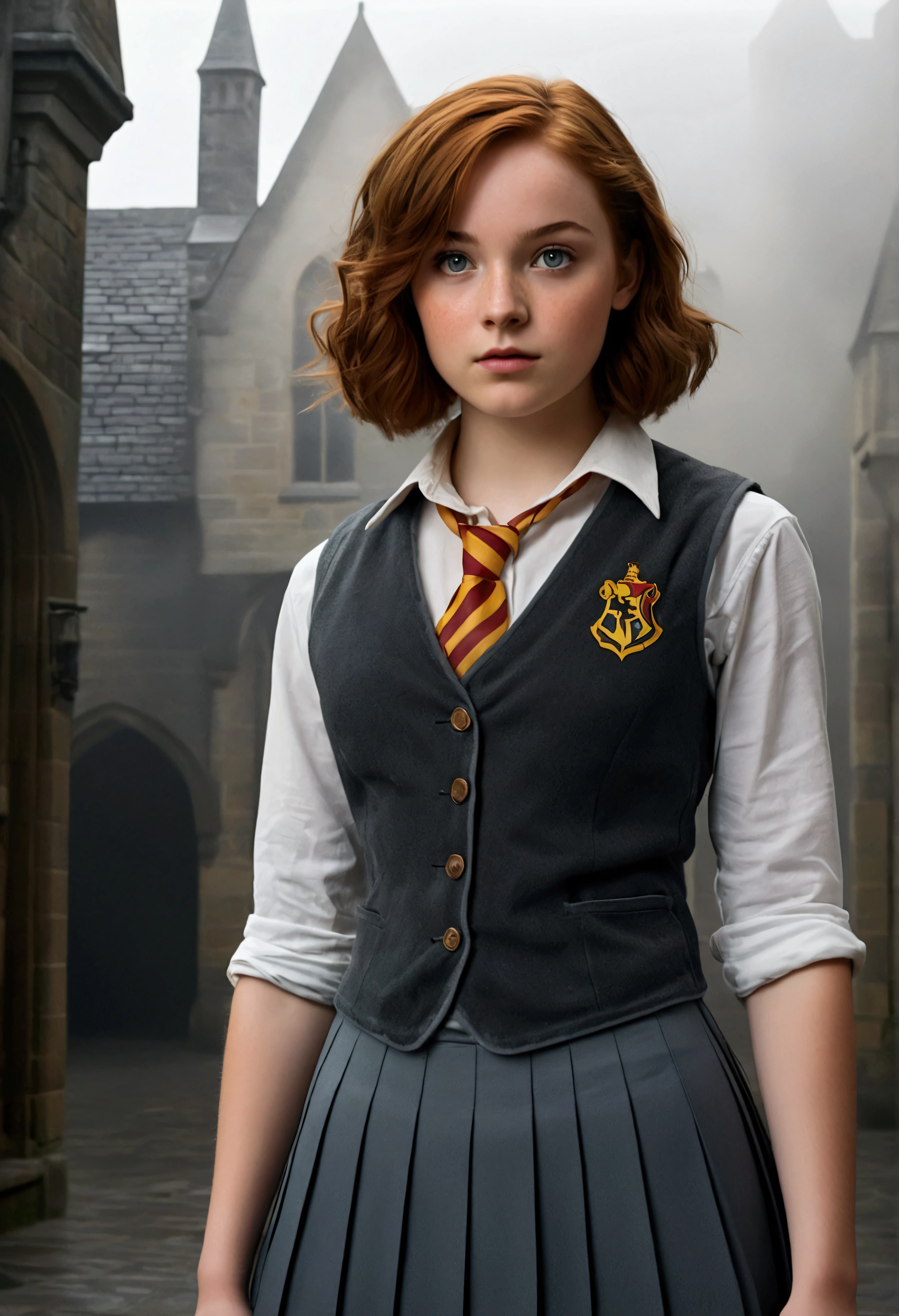 An illustrated movie poster, hand-drawn, full color, a teenage Hogwarts student, 18-years-old, female, wearing a charcoal vest and a pleated skirt, athletic hourglass figure, full wide hips, massive round butt, long shapely legs, ridiculously thick powerful thighs, vibrant eyes, deep dark auburn hair, short curly bob cut, flushed sun-kissed complexion, freckles, resembles Genevieve O'Reilly, standing in a foggy Hogwarts courtyard, surrounded by mist, graphite shading, stencil marks, airbrushed acrylic paint, masterpiece, close-up shot, in the style of the Deathly Hallows 