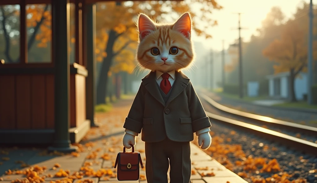 35mm lens，Multiple angles，Countryside scenery，suburb，in the back，side，silhouette，Overhead shot，cat，standing，doll，Carrying a small school bag，tram，Hokkaido，station，Autumn tree，Platform， Cloak,jia luan,suit,tie, (delicate face), (Dense and fluffy fur)，（35mm cinema lens），（Multi-angle shooting），（Different viewing angles）