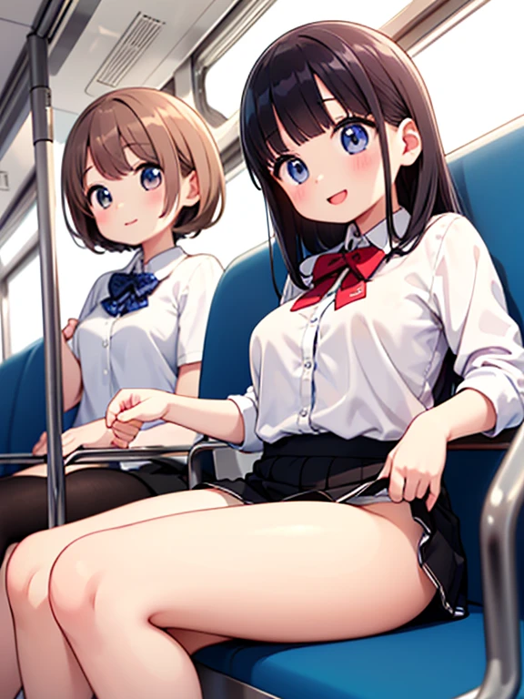 (Highest quality, High resolution,Beautiful Face、Detailed eyes), ((Dark Eyes))、(((Angle from the front、Open Mouth:1.4、Two women chatting、Simple white background、Train seats、Tight mini skirt:1.4、White panties are visible、Sitting on a chair on the train、Wide pelvis、Thick thighs)))、watch、Waistline、Cowboy Shot、Chubby、smile、