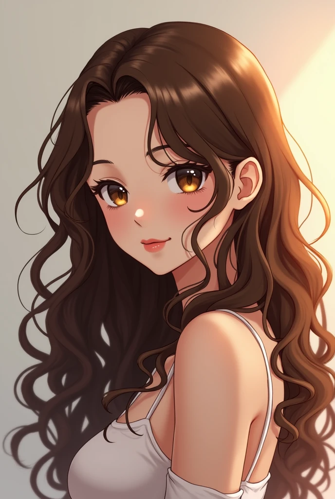 Anime girl with curly brown long hair and