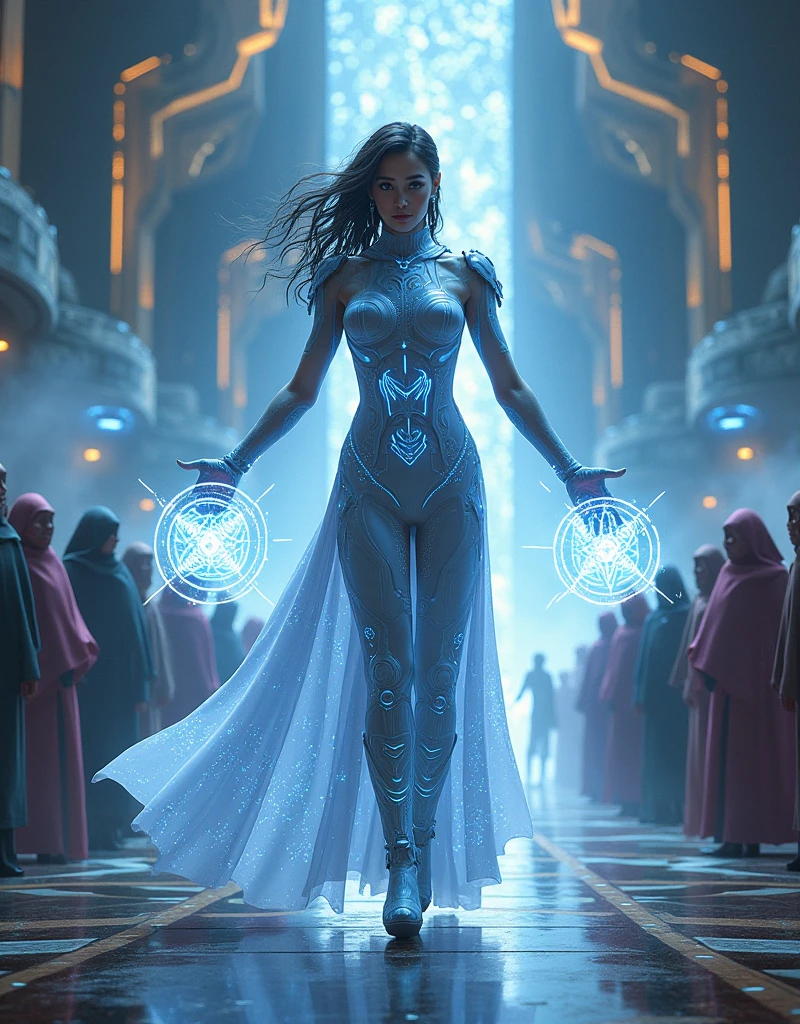 A futuristic + spellcaster wearing a streamlined, armored robe with holographic elements and glowing symbols. She’s in a high-tech arena with advanced magical constructs and an audience of diverse futuristic beings.”