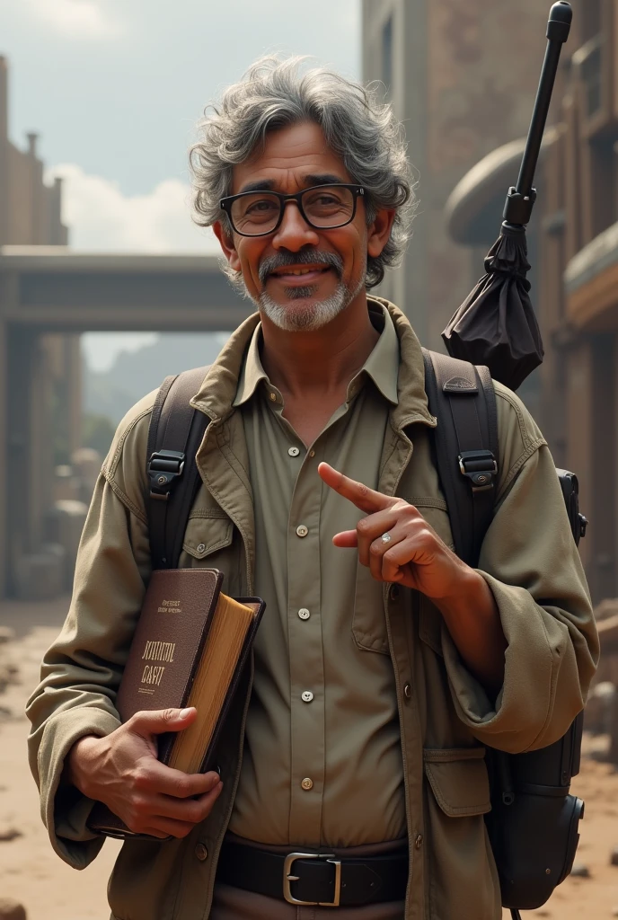 Create a Star Wars style image of a 63-year-old Latino man,indigenous brunette face, using reading glasses, gray curly hair, Side-parted hairstyle and casual dress, holding a bible in his left hand and pointing at the bible with his index finger of his right hand, smiling placidly, He doesn't have a beard or a moustache and looks clean shaven., In the book it should only say BIBLE, He carries a backpack and an umbrella hanging from the same backpack