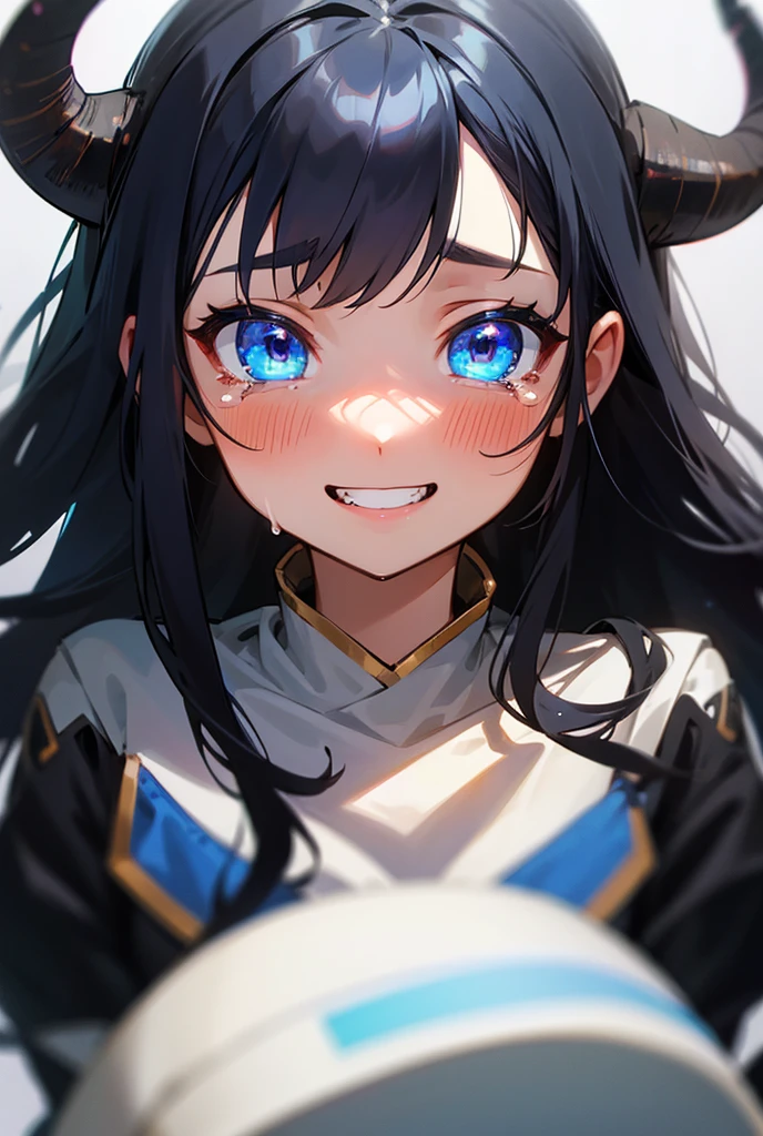 1 girl, blush, blue eyes, black hair, teeth, tears, HD Model, Long hair, horns, smile,