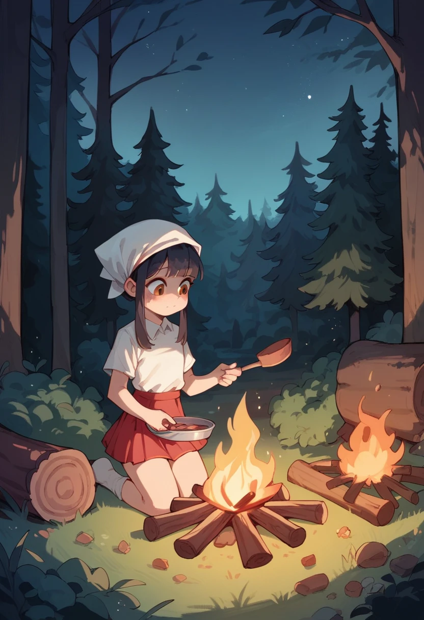 1 girl, ((loli)), headscarf, white shirt, red mini skirt, stocking, kneeling, forest, night, campfire, logs, cooking, cinematic lighting