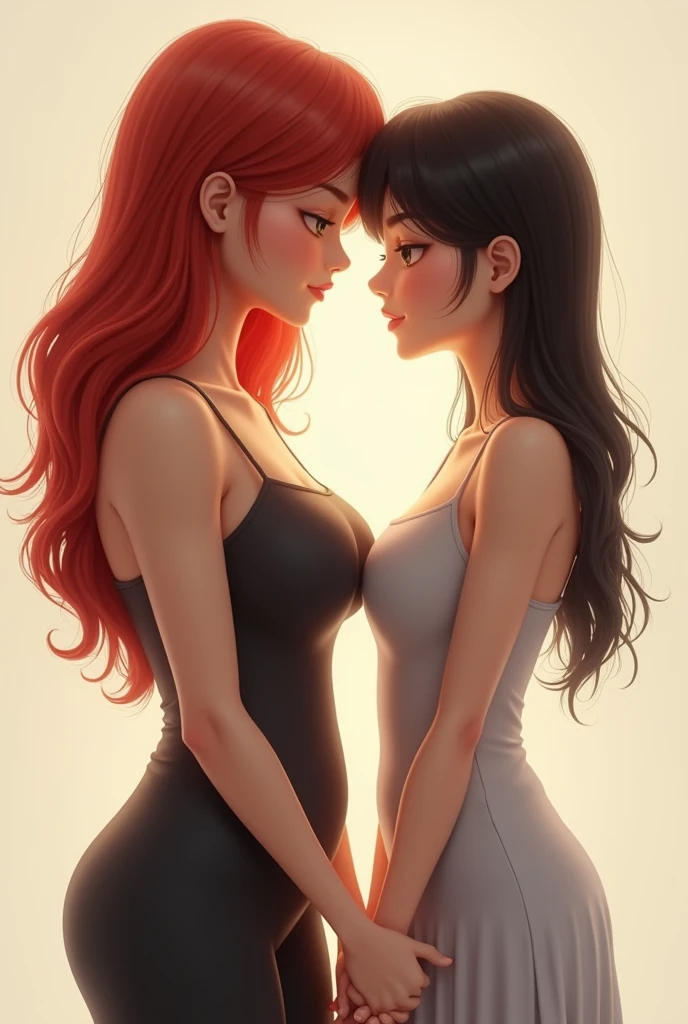 A red hair mature women asian with big brest wearing singlet Holding hands with Girl in 20 with black hair but a little taller than her