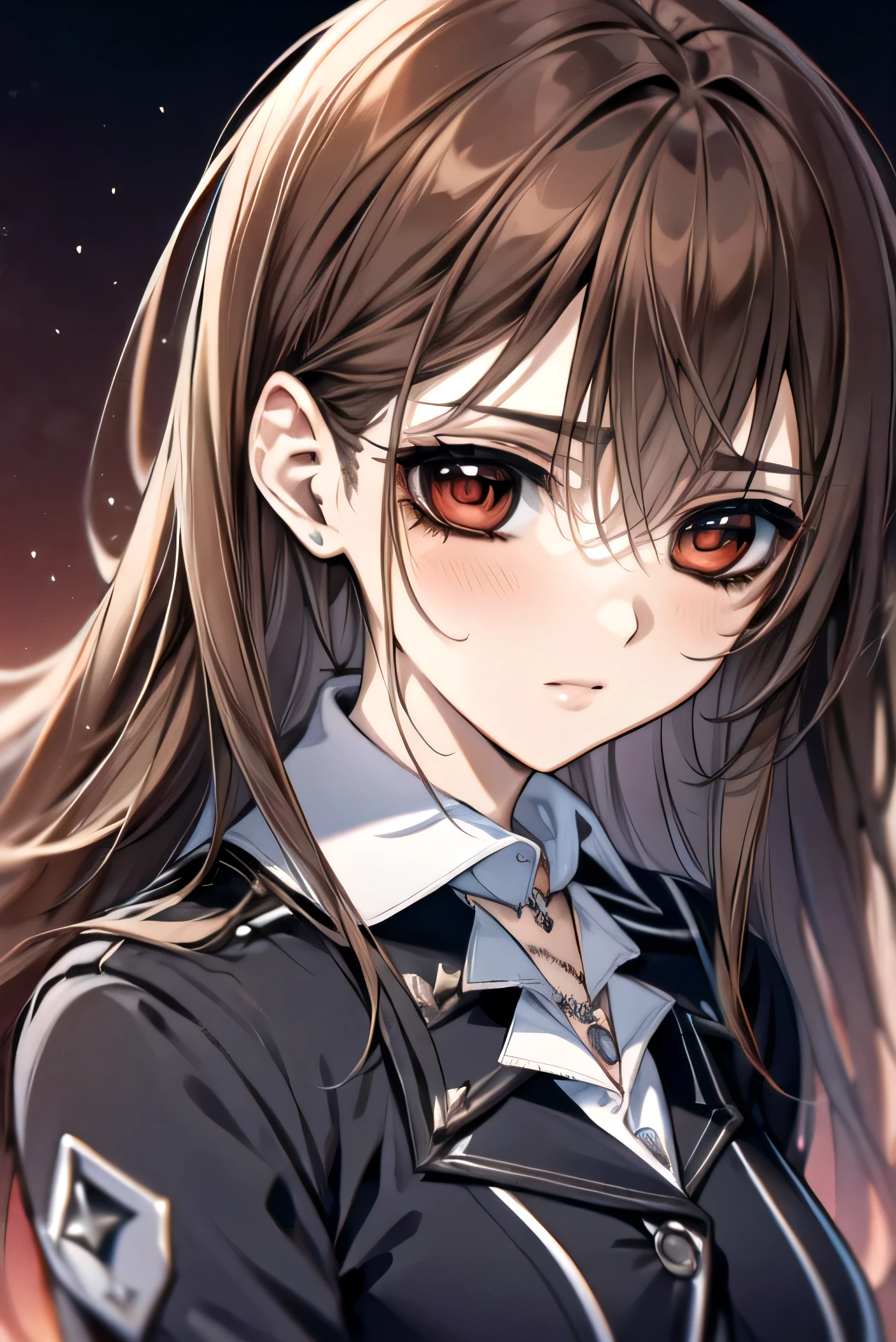 (absurdres, highres, ultra detailed, HDR), masterpiece, best quality, Yuki Cross, 1woman, solo, beautiful, (long brown hair), vibrant red eyes, finely eye and detailed face, solid black background, black uniform, vampire knight, (arms behind back), solid crimson background, (portrait), 