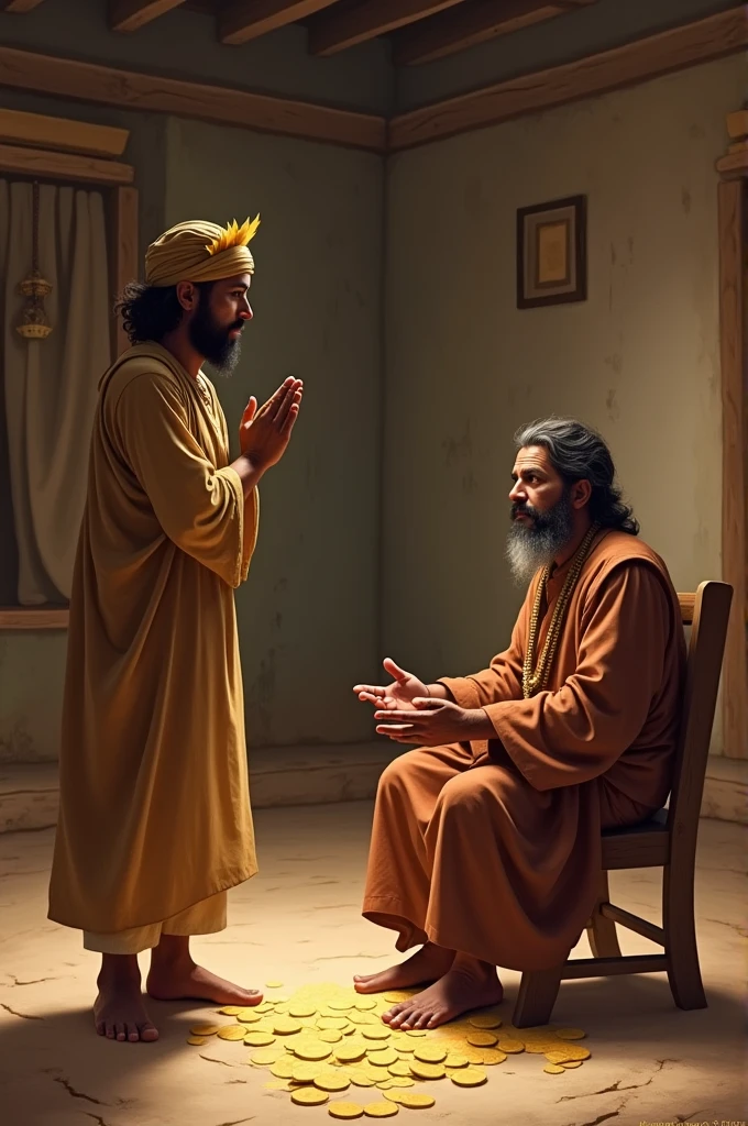 Inside the chief's home, the farmer humbly refuses to keep the golden coin, his hands folded in a respectful gesture. The chief, sitting on a simple wooden chair, looks at the farmer with admiration, trying to persuade him to keep the coin. The room is modest, with traditional decor.