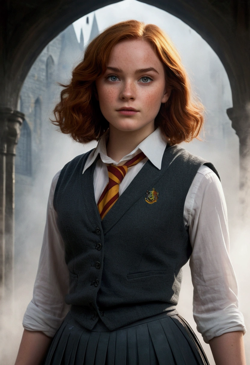 An illustrated movie poster, hand-drawn, full color, a age Hogwarts student, 18-years-old, female, wearing a charcoal vest and a pleated skirt, athletic hourglass figure, full wide hips, massive round butt, long shapely legs, ridiculously thick powerful thighs, vibrant eyes, deep dark auburn hair, short curly bob cut, flushed sun-kissed complexion, freckles, resembles Genevieve O'Reilly, standing in a foggy Hogwarts courtyard, surrounded by mist, graphite shading, stencil marks, airbrushed acrylic paint, masterpiece, close-up shot, in the style of the Deathly Hallows