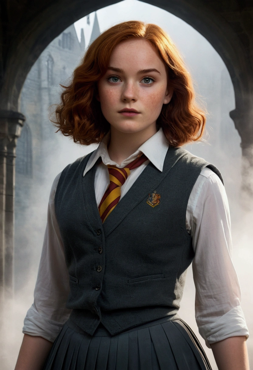 An illustrated movie poster, hand-drawn, full color, a teenage Hogwarts student, 18-years-old, female, wearing a charcoal vest and a pleated skirt, athletic hourglass figure, full wide hips, massive round butt, long shapely legs, ridiculously thick powerful thighs, vibrant eyes, deep dark auburn hair, short curly bob cut, flushed sun-kissed complexion, freckles, resembles Genevieve O'Reilly, standing in a foggy Hogwarts courtyard, surrounded by mist, graphite shading, stencil marks, airbrushed acrylic paint, masterpiece, close-up shot, in the style of the Deathly Hallows 