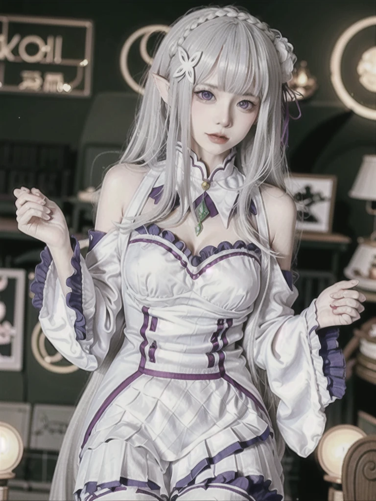 ulzzang-6500-v1.1,(raw photo:1.2),((photorealistic:1.4))best quality ,masterpiece, illustration, an extremely delicate and beautiful, extremely detailed ,CG ,unity ,8k wallpaper, finely detail, best quality,extremely detailed CG unity 8k wallpaper,absurdres, incredibly absurdres, huge breats,sexy body,huge filesize, ultra-detailed, highres, extremely detailed,beautiful detailed girl, extremely detailed eyes and face, beautiful detailed eyes,light on face,cinematic lighting,1girl,(full body),(full-body shot),looking at viewer,outdoors, silver_hair, pointy_ears, purple_eyes, hair_ornament, hair_ribbon, lips