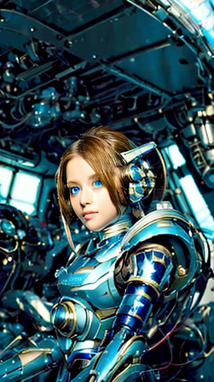 Wide-angle shot, 1 female, Mecha, Sparkling Blue Eyes, Very cute face, (Realistic:1.37), バイオMechaニカル, Spaceship interior bokeh background, Ultra-realistic, Very detailed, Very intricate details, Beautiful woman in focus