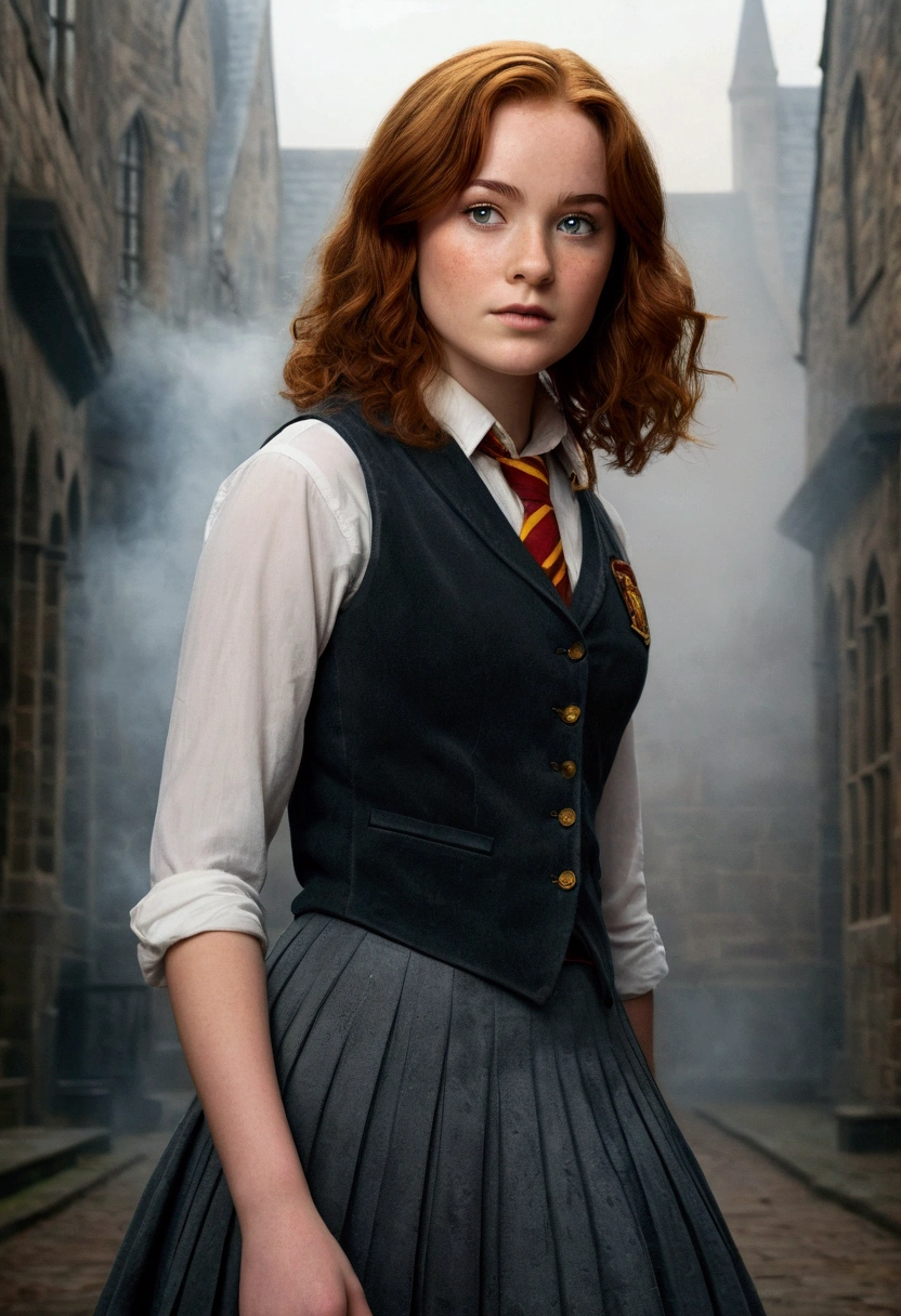 An illustrated movie poster, hand-drawn, full color, a teenage Hogwarts student, 18-years-old, female, wearing a charcoal vest and a pleated skirt, athletic hourglass figure, full wide hips, massive round butt, long shapely legs, ridiculously thick powerful thighs, vibrant eyes, deep dark auburn hair, short curly bob cut, flushed sun-kissed complexion, freckles, resembles Genevieve O'Reilly, standing in a foggy Hogwarts courtyard, surrounded by mist, graphite shading, stencil marks, airbrushed acrylic paint, masterpiece, close-up shot, in the style of the Deathly Hallows 