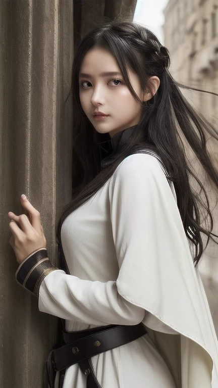 one woman、Rin々new appearance、A dignified expression、cold look、medieval monk、pure white battle uniform、bionde、french braid、have a sword、white cloak、Sword Art Online、(masterpiece, highest quality, highest quality, official art, beautiful and aesthetic:1.2)