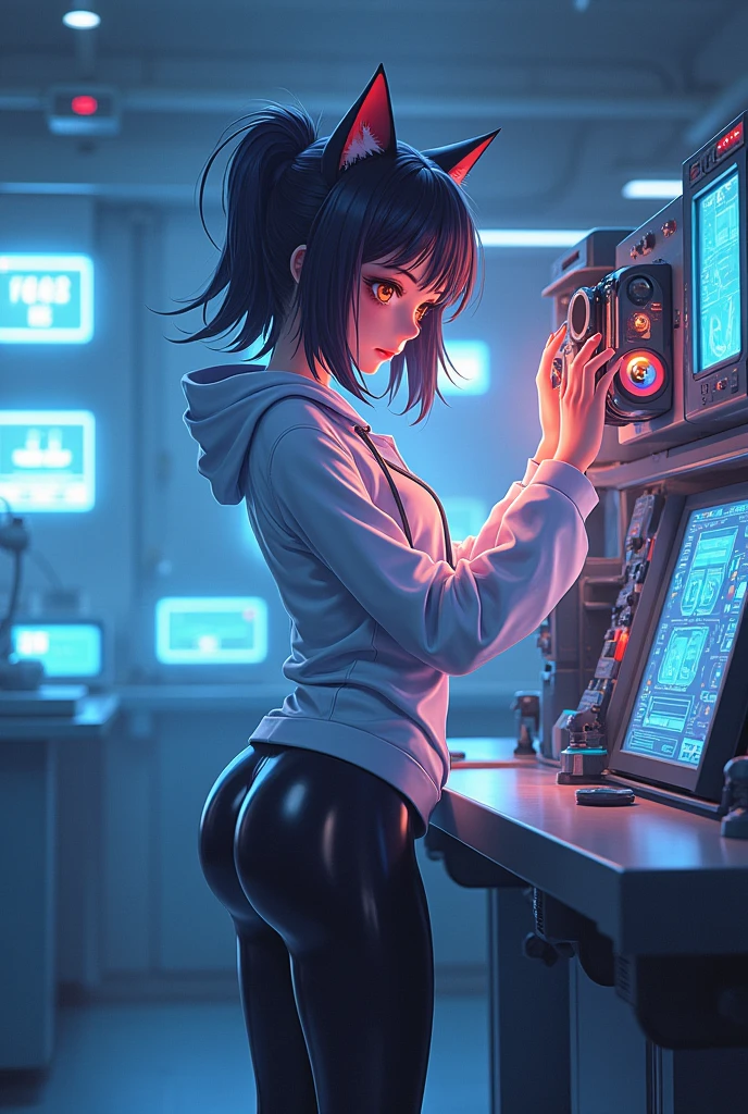 Anime scientist catgirl in latex leggings