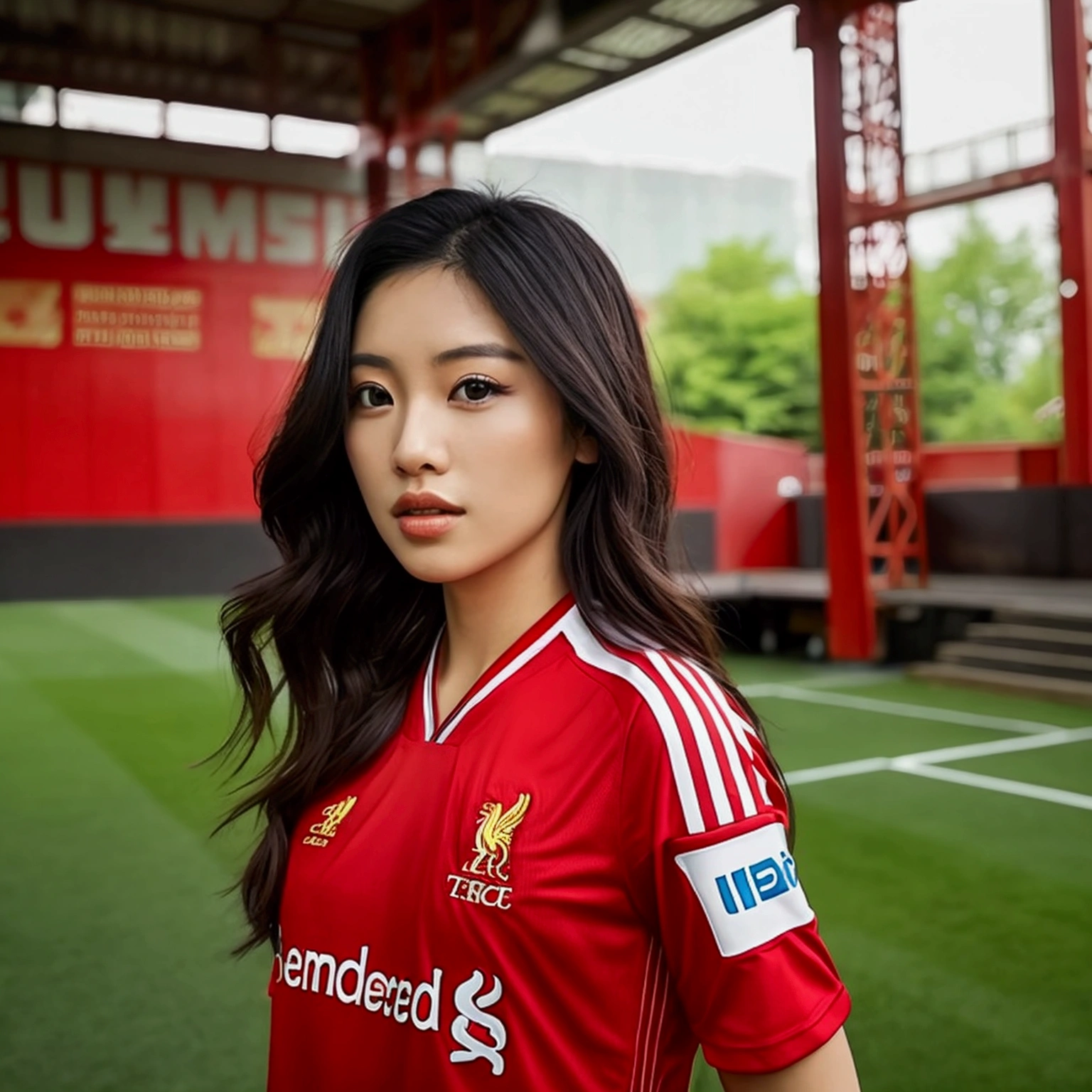 A good looking Thai woman wearing Liverpool shirt .The background is Anfield stadium. Most realistic iamge