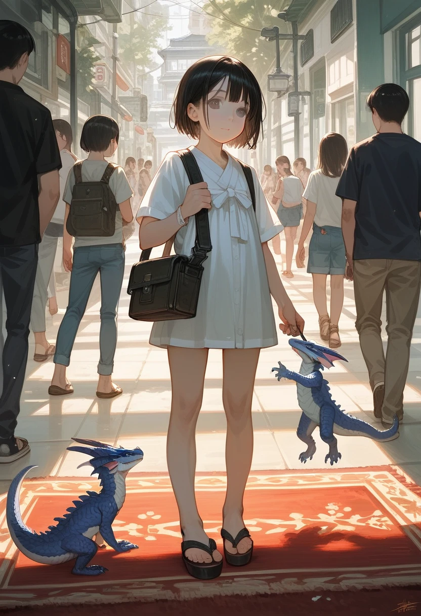 Bionic eagle, White Dragon, female, White Hanfu, sandals, anthor, Children, Standing on the carpet in the hotel, HD graphics, Detailed and realistic, high detal, high qulity, photo-realistic, photorealistic eye, Detailed paws, Clear eyes, Five-fingered hands, top-quality,