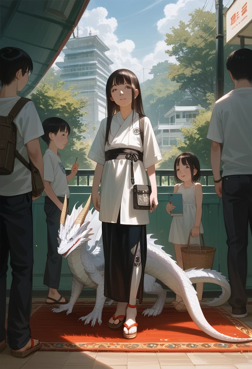 Bionic eagle, White Dragon, female, White Hanfu, sandals, anthor, Children, Standing on the carpet in the hotel, HD graphics, Detailed and realistic, high detal, high qulity, photo-realistic, photorealistic eye, Detailed paws, Clear eyes, Five-fingered hands, top-quality,