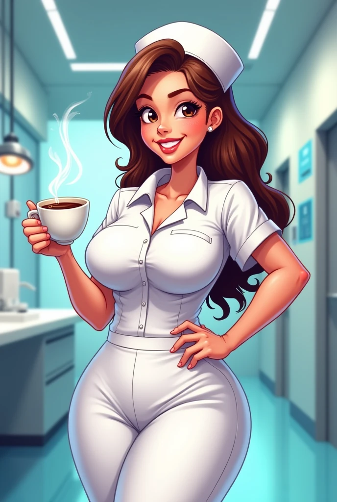 Nurse with hot figure animated with coffee