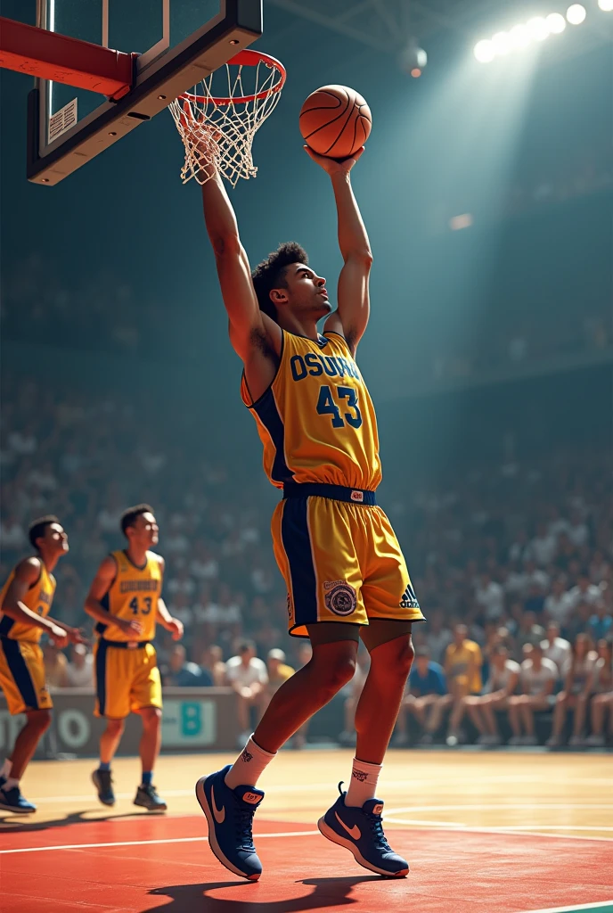 young, Sonoran, of some 23 years, with 1.93cm tall, with Basketball jersey with number 43, shooting a three point shot, on some court, with the surname Osuna on the back
