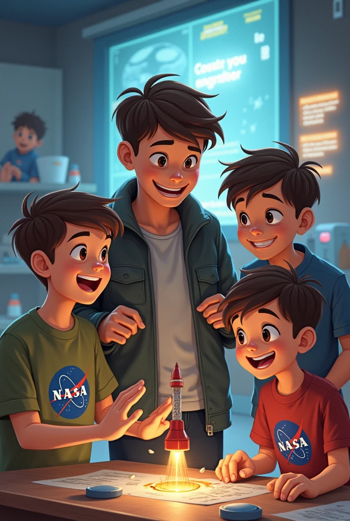 1 matured boy and 3 boys fun with NASA