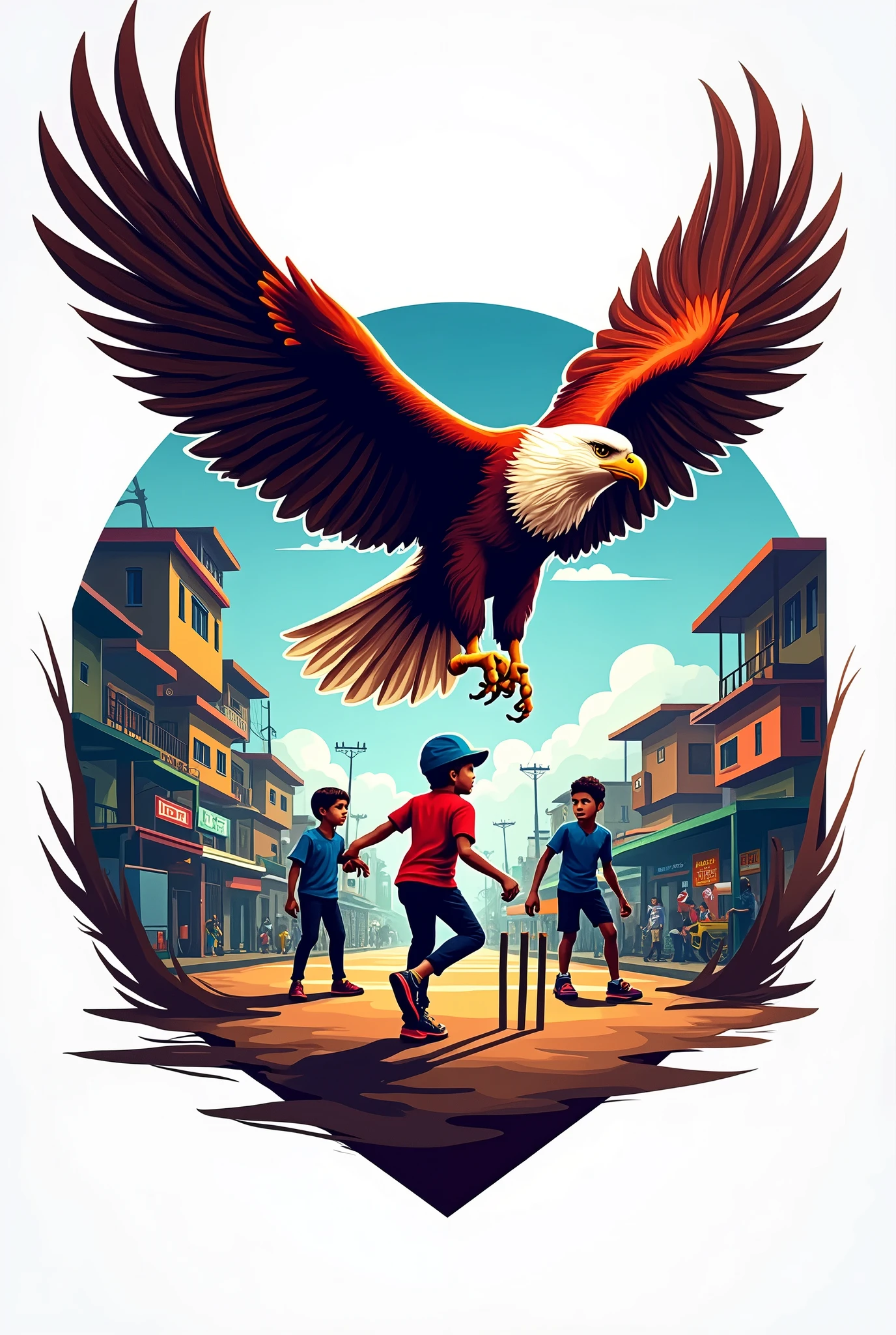 Create a logo with open wing eagle add name street premier league and add children playing cricket in Indian local street with vehicles on sideAdd names YUSUFF riyan mujahid nahid on eagle