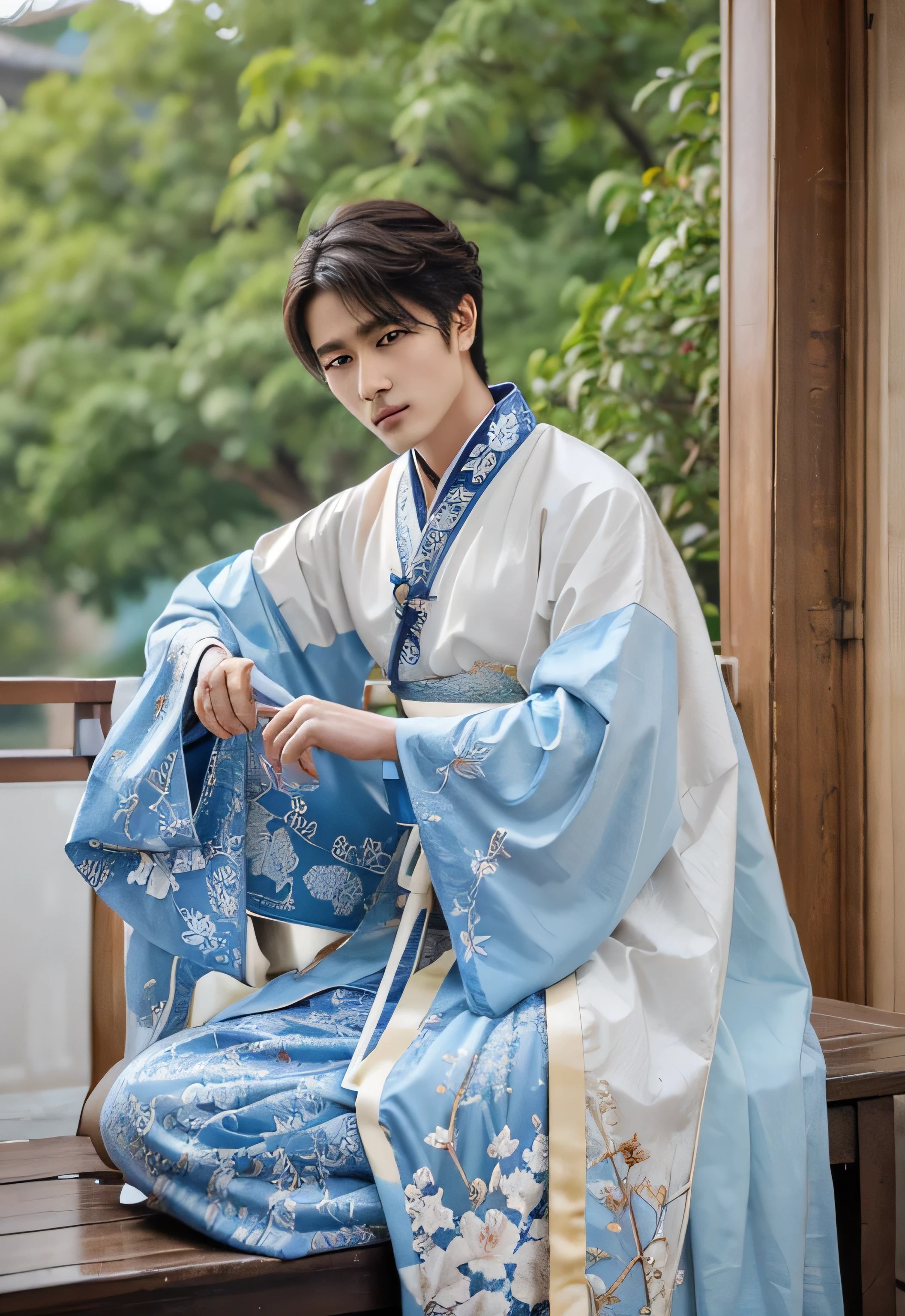 Homme Chinois, 29 ans, cheveux noirs coupés en coupe, d'un kimono bleu assise sur un rebord, Cai Xukun, Porter des vêtements chinois anciens, Inspiré par Bian Shoumin, hanfu, avec des vêtements chinois anciens, hanfu blanc, inspiré de Guan Daosheng, Vêtements traditionnels chinois, inspiré par Zhang Han, Heise Jinyao, délicat prince androgyne, inspiré par Xiao Yuncong, coupe de cheveux noirs