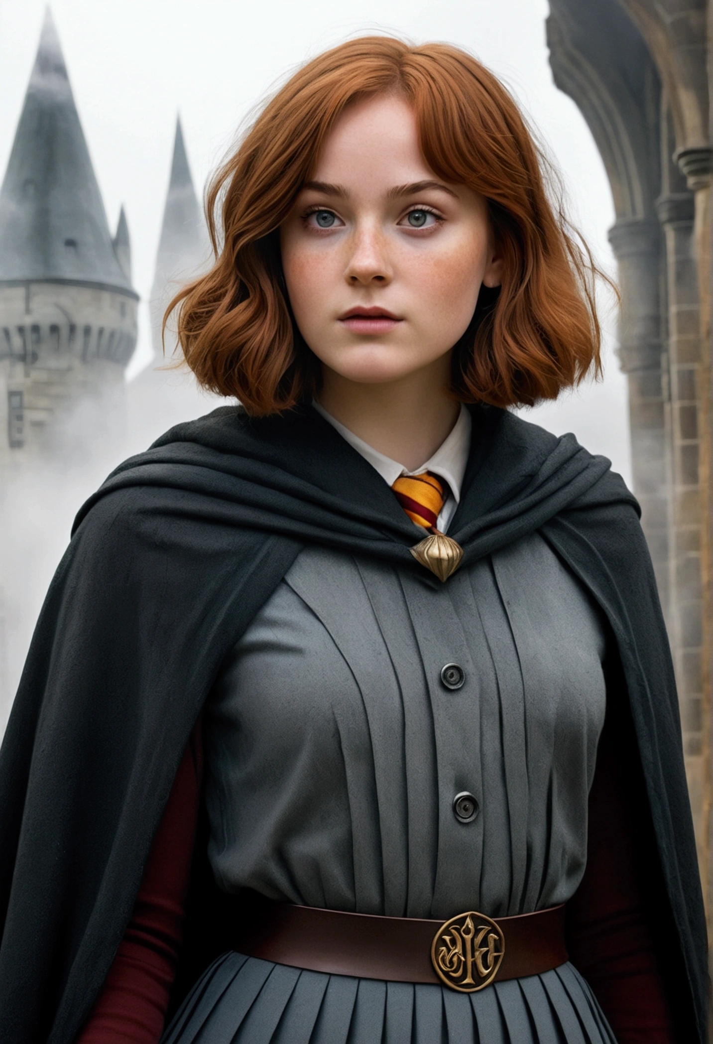 An illustrated movie poster, hand-drawn, full color, a teenage Hogwarts student, 18-years-old, female, wearing a charcoal cloak and a pleated skirt, athletic hourglass figure, full wide hips, massive round butt, long shapely legs, ridiculously thick powerful thighs, vibrant eyes, deep dark auburn hair, short curly bob cut, flushed sun-kissed complexion, freckles, resembles Genevieve O'Reilly, standing in a foggy Hogwarts courtyard, surrounded by mist, graphite shading, stencil marks, airbrushed acrylic paint, masterpiece, close-up shot, in the style of the Deathly Hallows
