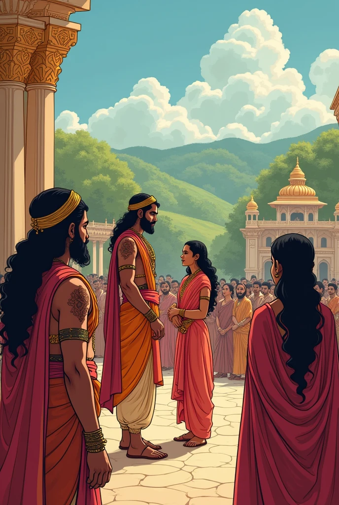 Rama's return to Ayodhya, his coronation as king, and the subsequent suspicion about Sita's chastity led to her exile upon Rama's order. Make it cartoon but adult
