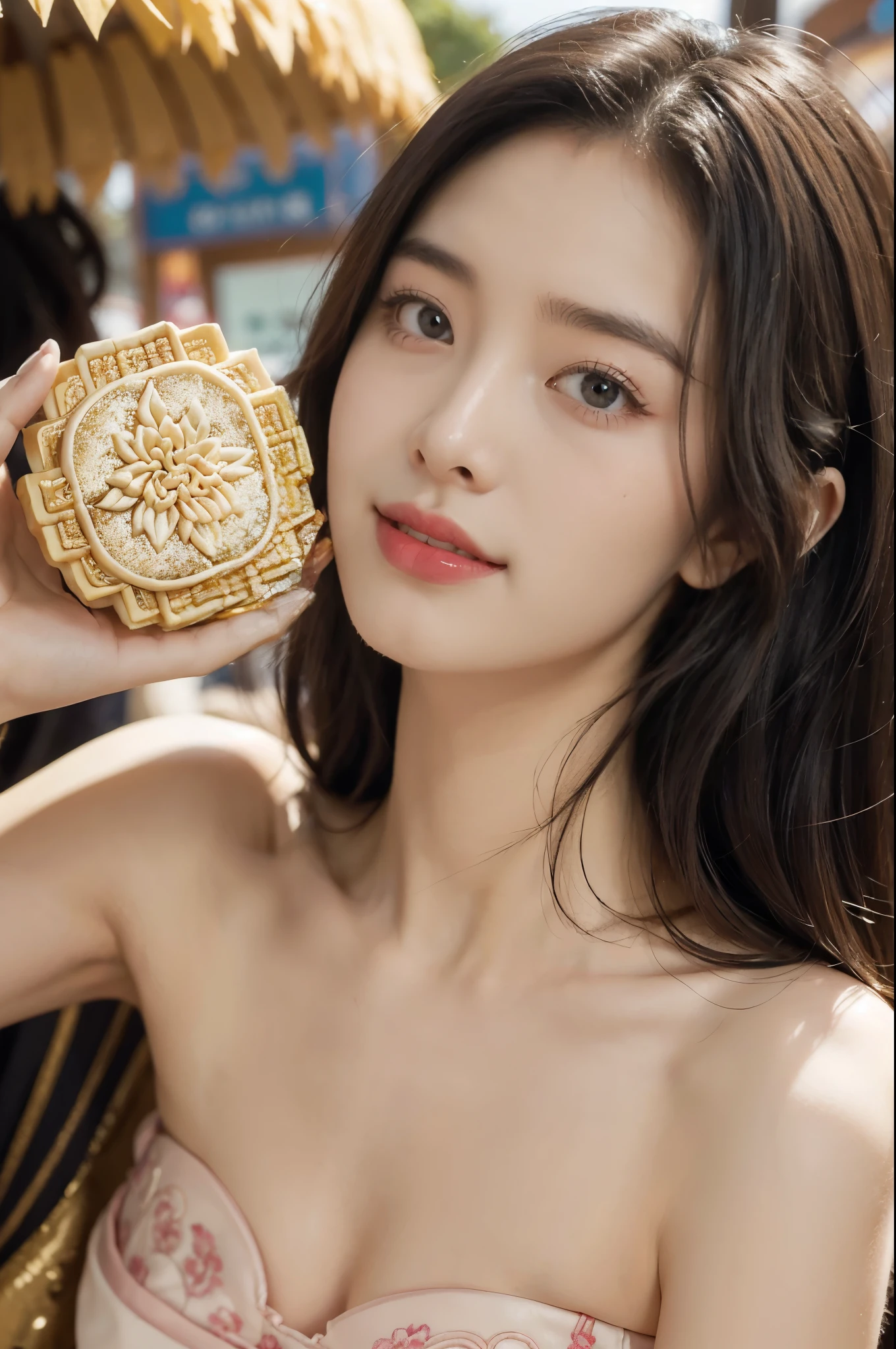 (((best quality))),(((ultra detailed))),(((masterpiece))),illustration,((1 beautiful girl,solo)),(shoulder-length straight bob:1.2),((slim,thin)),((small breasts,flat chest)),delicate face, twinkling eyes,(strapless osmanthus flower bra:1.3),fair complexion,(bustling market:1.3),(stall full of mooncakes:1.3),curiosity,delight,promotional,haggling,intricate patterns,Mid-Autumn Festival atmosphere, flaky, smile, sweet, fragrant filling, delightful contrast, salty exterior, eyes widen, pleasure, exploring,excitement, box, joyful anticipation, festive spirit, vibrant atmosphere, enchanting appearance, lively scene, captivating, timeless image,(outdoor:1.2),(bright sunshine:1.3),(day scene:1.3),((from front,close-up of face)),(surrounded by crowded crowds:1.3)
