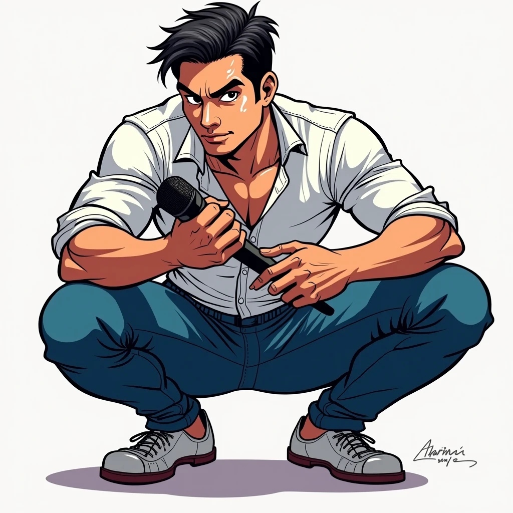 anime art, marvel art, a LATIN 4 male wearing white button up shirt and tight blue pants, he’s squatting down with a journalist mic in hands, big bulge, sweaty, slight smile