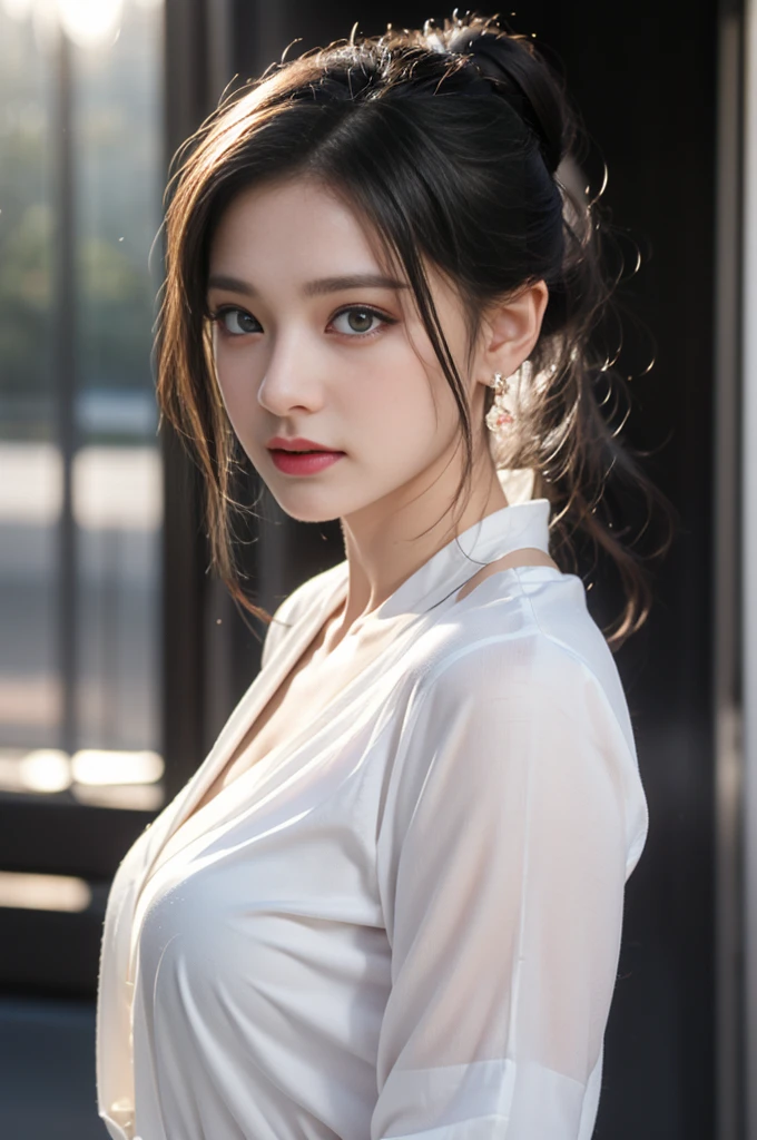 1 beautiful girl in Hanfu, ((very thin and soft white silk shirt)), platinum purple long ponytail, Jewelry, ear jewelry, necklace and necklace, carefully painted purple big eyes, carefully made up, thin eyebrows, high nose, beautiful red lips, no smile, pursed lips, rosy cheeks, wide chest, big breasts, well-proportioned breasts, slim waist, well-proportioned buttocks, black fishnet stockings, Chinese Hanfu style, fictional art pattern, full of bright and realistic colors, RAW photo, realistic photo, 8k ultra-high quality surreal photo, (magic light effect effect: 1.8), 10x pixels, magic effect (Background): 1.8), super detailed eyes, full body portrait of the girl, standing in the rain, wet clothes hugging the body, revealing beautiful curves, dynamic posture