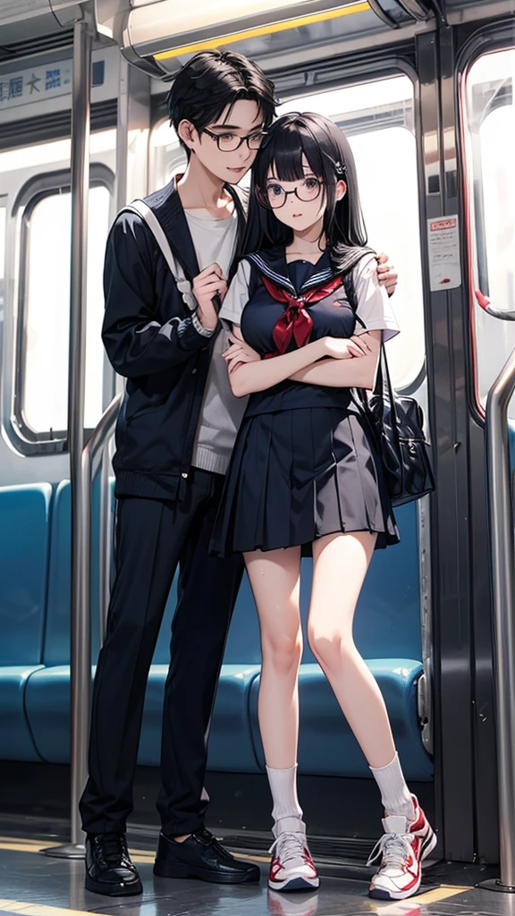 summer、In a crowded train、thick、Sweat、、high school girl、Student Bags、、Low length、、(((Long black hair:1.2 hair band)))(((Black-rimmed glasses:1.2 black eye)))、Strong sunlight、thicksummerの昼間、Bright sunlight、Look at this、Front view、Full Body Shot、Big Breasts、loose socks、Checked mini skirt、Navy knit vest、Are standing、A man whispers in my ear、sneakers