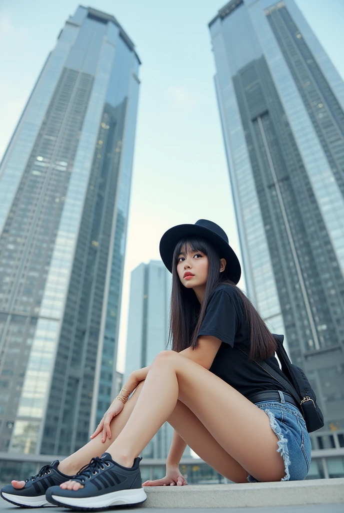 (full body shot:1) sittimg down,photorealistic image of a woman, ultrarealistic, photography, straight long black hair, asian woman, beautiful cute sexy asian 20 years old woman, hourglass figure, perfect body, Flirty look, natural big breasts, long eyelashes, cat eye make-up, double eyelids, sexy pose, erotic pose, seductive pose, big breasts,  big tits , she wears a black and white top, shorts, hat, fannypack , sneakers,  skyscrapers 