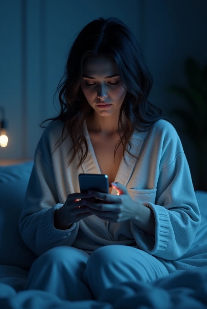 A woman, in pajamas, with sleepy eyes, sitting on the bed, holding a phone, with a puzzled expression, at night, in the bedroom, indoors, dim lights, cool tones