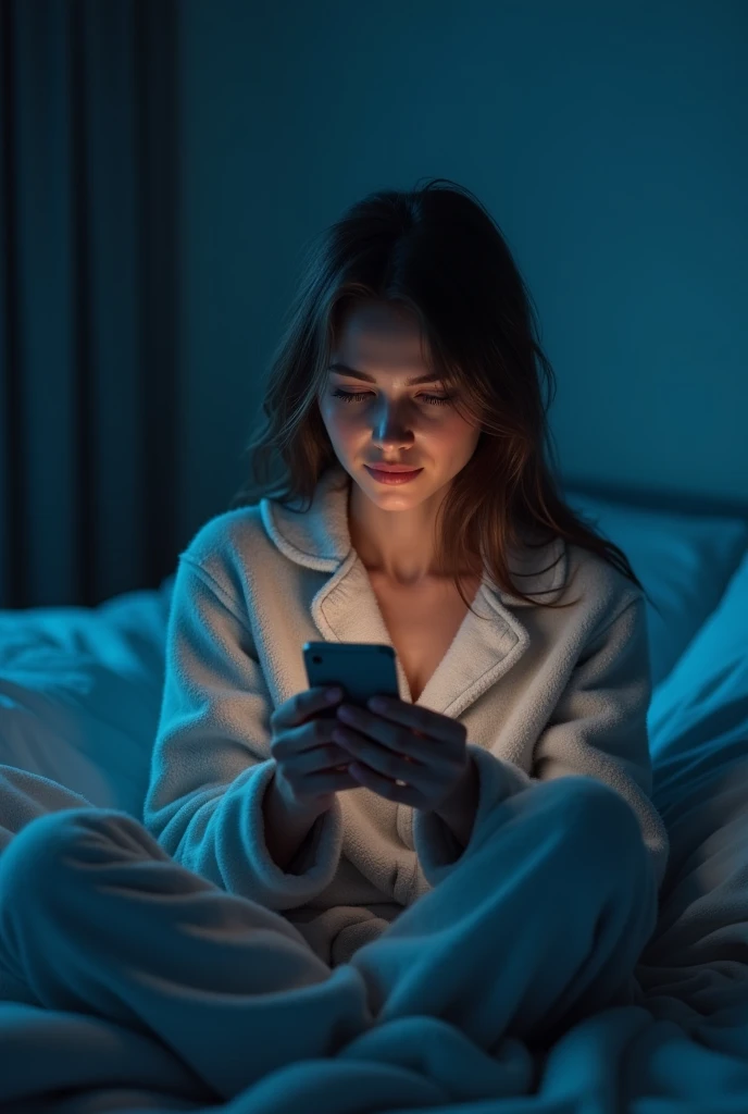 A woman, in pajamas, with sleepy eyes, sitting on the bed, holding a phone, with a puzzled expression, at night, in the bedroom, indoors, dim lights, cool tones