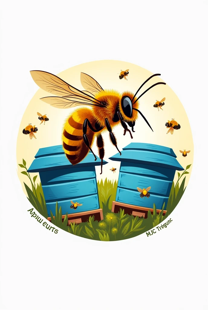 Logo apiculture : Une belle abeille, en arrière plan :deux ruches bleues et des abeilles qui volent. Écrit: apiculteurs MJC Trégunc
