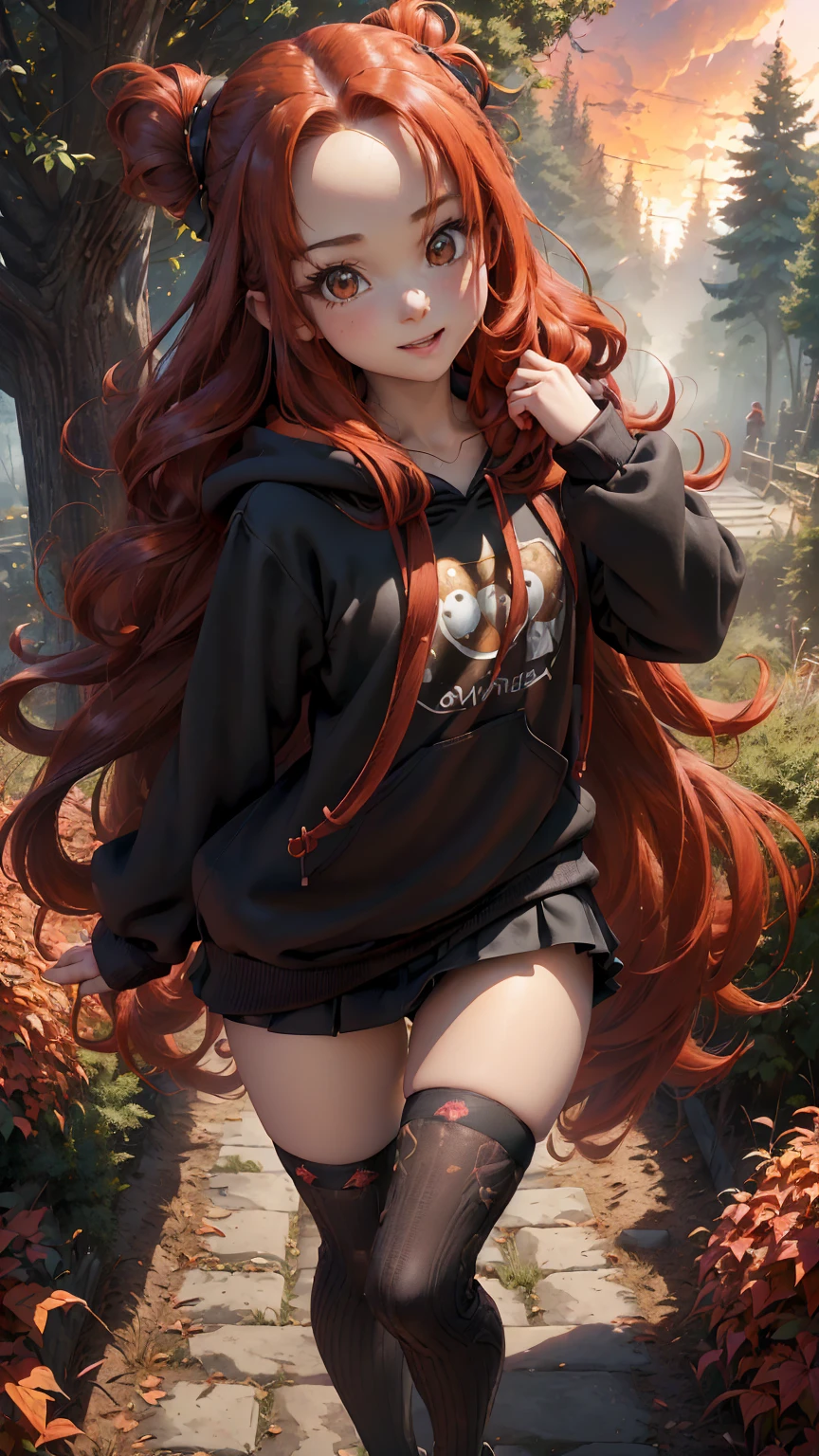 Young girl, (), (little body, small height), (petite girl: 1.35), (adorable face), (big forehead: 1.2), she has a long flowing hair, (red hair: 1.5), (long hair: 1.35), asian features, (brown eyes: 1.5), bright eyes, brown light eyes, (white skin: 1.35), beautiful detailed eyes, cute young girl, (flat chest: 1.35), (((wearing black skirt, a baggy black hoddie and Over-the-knee socks))), high quality clothes, high resolution, (detailed clothes), (loose hoddie: 1.35), (autumn forest, sunset, warm light background))), cute, daring girl, (detailed background), (full detailed 8k), (perfectly detailed face), (enhance anatomy), vfx, highres, sharp, focus, (photorealistic artwork: 1.35), (extremely detailed CG unity 8k wallpaper), (((vibrant colors, vibrant theme))), (dynamic pose: 1.5), cool vibes, fashion girl, happy, flirting expression, coquette, (playful attitude), smiling, happy, adorable small girl, joyful girl
