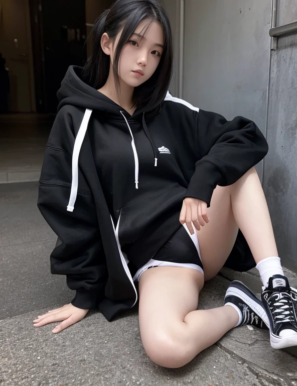 18-year-old female,Black hoodie,Het Fong,Black and white sneakers,Are standing,Erotic,Wearing diapers