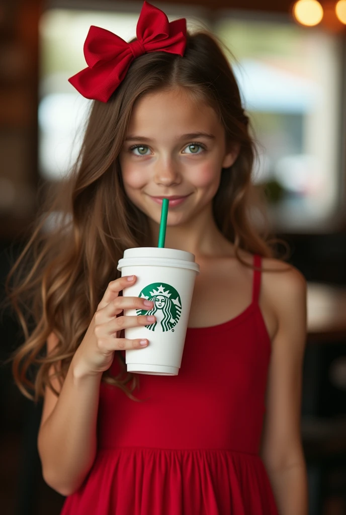 Sexy  girl, brown hair, green eyes, , red dress  and bow  drinking  Starbucks 